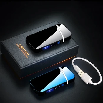  горячий металл ветрозащитный светодиодный дисплей питания электрический зажигалка портативный беспламенный импульс USB зарядка двойная дуга зажигалка мужской подарок
