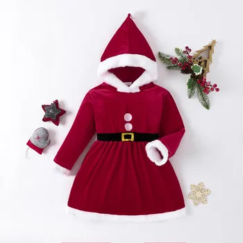 Девочки Рождественские платья с капюшоном Санта-Клаус Длинный рукав Зима Красный Рождественская вечеринка Принцесса Платье Дети Рождество Disfraz Vestido