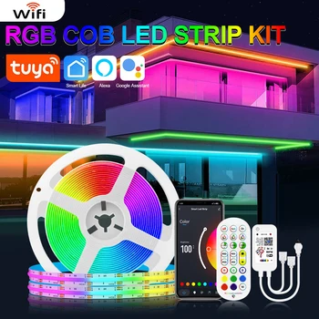 Smart Tuya WiFi 24 В RGB COB Светодиодные ленты 2 м 5 м 10 м 840 светодиодов / м Bluetooth / пульт дистанционного управления 24 В Flex RGB Светодиодная лента Клейкая лента