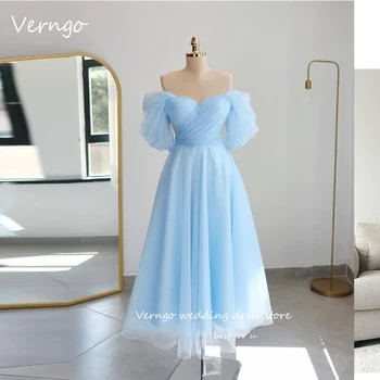 Verngo Светло-голубой блестящий тюль в горошек выпускные платья с открытыми плечами рукава до щиколотки до щиколотки Вечернее платье Homecoming Formal Real Pic