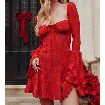 сексуальное платье кружево новый расклешенный рукав без бретелек повседневный рюкзак бедра короткая юбка