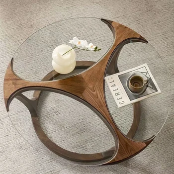 журнальный столик из черного орехового стекла для противоположного пола, минималистичная гостиная, круглый чайный столик из массива дерева, приставной столик для дивана