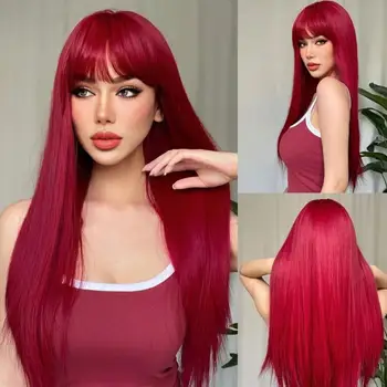 длинный прямой синтетический парик с челкой средней секции рыжие волосы парик женщины косплей натуральные волосы термостойкий полный головной убор