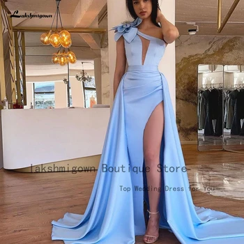 Lakshmigown Классическое женское небесно-голубое атласное длинное вечернее платье High Side Split 2024 Vestidos Скромные женские свадебные платья для выпускной вечеринки