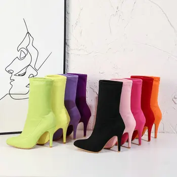 Новый однотонный фиолетовый, оранжевый, розовый, желтый, сексуальные носки, пинетки, тонкие высокие каблуки, женские сапоги на шпильке, очень большой размер 33-48