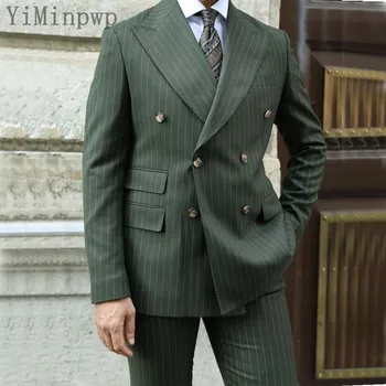 Hunter Green Pinstripe Формальные костюмы для мужчин Остроконечный лацкан Двубортный деловой свадебный костюм Блейзер Комплекты 2 шт. Куртка + брюки