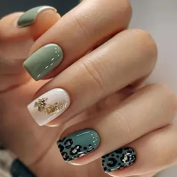  Уникальные зеленые леопардовые наконечники для ногтей Короткие круглые накладные ногти с полным покрытием Французские накладные ногти Съемный пресс на ногтях для DIY для салона