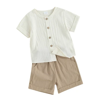 Tollder's Summer Set Топы с круглым вырезом и коротким рукавом на пуговицах + эластичные шорты с карманом Наряды из 2 предметов для мальчиков