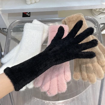 Женщины плюс кашемировые перчатки с сенсорным экраном Зимние теплые перчатки Эластичные мягкие полные пальцы Варежки Плюшевые трикотажные перчатки из искусственного меха