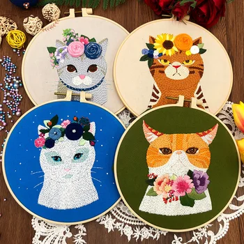 DIY Набор для вышивания кошек Печатный шаблон для начинающих Набор для вышивки крестом Рукоделие Обруч Ручное шитье Искусство Ремесло Набор