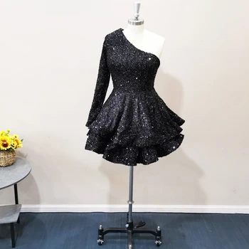  Черные сексуальные коктейльные платья для женщин 2023 Мини на одно плечо Бисер Пайетки Свадебные платья для вечерних халатов de bal