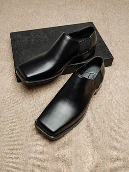 Новая мужская обувь в британском стиле в стиле ретро с квадратной головой Кожаная повседневная обувь Slip-on Shoes