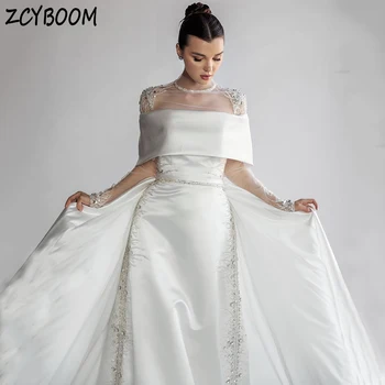 Роскошное белое свадебное платье с высоким воротником и пайетками с длинными рукавами 2024 русалка длина до пола съемное свадебное платье с разверткой