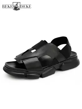 Летние мужские дышащие сандалии из натуральной кожи Толстая платформа Эластичная лента Обувь для вождения Повседневная гладиаторская внешняя пляжная сандалии