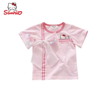 Новинка Hello Kitty аниме периферийные кавайные милые мультфильмы детская дышащая футболка с короткими рукавами креативный бант топ подарок оптом