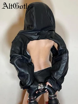 AltGoth Cyberpunk Dark Gothic Pu Укороченная куртка Женщины Harajuku Уличная одежда Хип-хоп Эмо Alt Длинные рукава Кожаные Пальто Женские