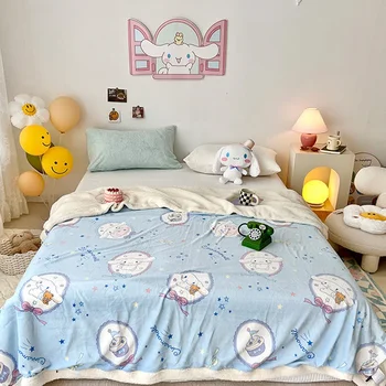 Sanrio Kawaii Hello Kitty Одеяло Kuromi Cinnamoroll Аниме Мультфильм Симпатичный Домашнее общежитие Шерпа Двухслойное одеяло с мягким ворсом