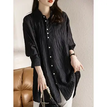 Рубашка большого размера Элегантные и молодежные женские блузки Средняя длина Боттоны Черные рубашки Женские лацканы Женская блузка с длинным рукавом B209