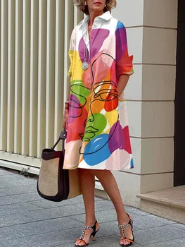 Yeezzi Женское стильное платье-рубашка с принтом и лацканами с принтом и контрастным цветом 2023 Новое весеннее повседневное платье миди с длинным рукавом для женщин