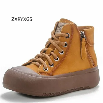ZXRYXGS 2023 Английский стиль Премиум 100% Ботинки из натуральной кожи Обувь с одной плоской платформой Тренд Темперамент Ботильоны