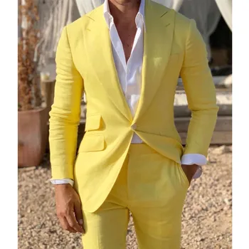 2023 Новый желтый льняной пляжный мужской костюм Высокое качество с одной пряжкой Fit Свадьба Жених Смокинг Лацкан Модный наряд 2 шт. Набор