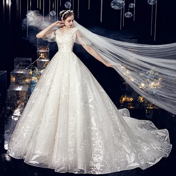 Новая вышивка 2024 Свадебное платье Бальное платье для женщины V-образный вырез Аппликации Часовня Поезд Vestidos De Novias Изящное одеяние De Mariée