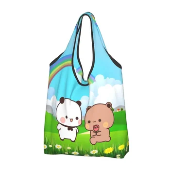 Забавная панда, предлагающая медведя под радужным небом Сумка для покупок Портативная сумка на плечо Kawaii Peach And Goma Grocery Shopper