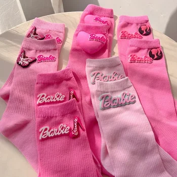 Барби Розовые носки Kawaii Новый Осень Зима Повседневная Девушка Теплый Носок Сладкий Мягкий Дышащий Дамы Y2K Ins Модные носки Mid-Tube Подарок